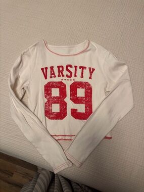 Modern Lux White Crewneck Sweater with Red Varsity 89 Graphic